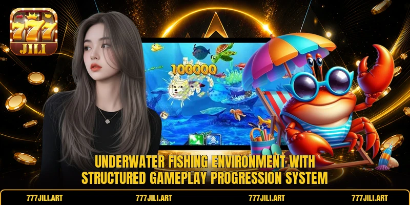 Underwater fishing environment with structured gameplay progression system